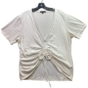 LAMARQUE Shirt Womens Large Ivory Pima Cotton Plunge Neck Cinched Bow Festival